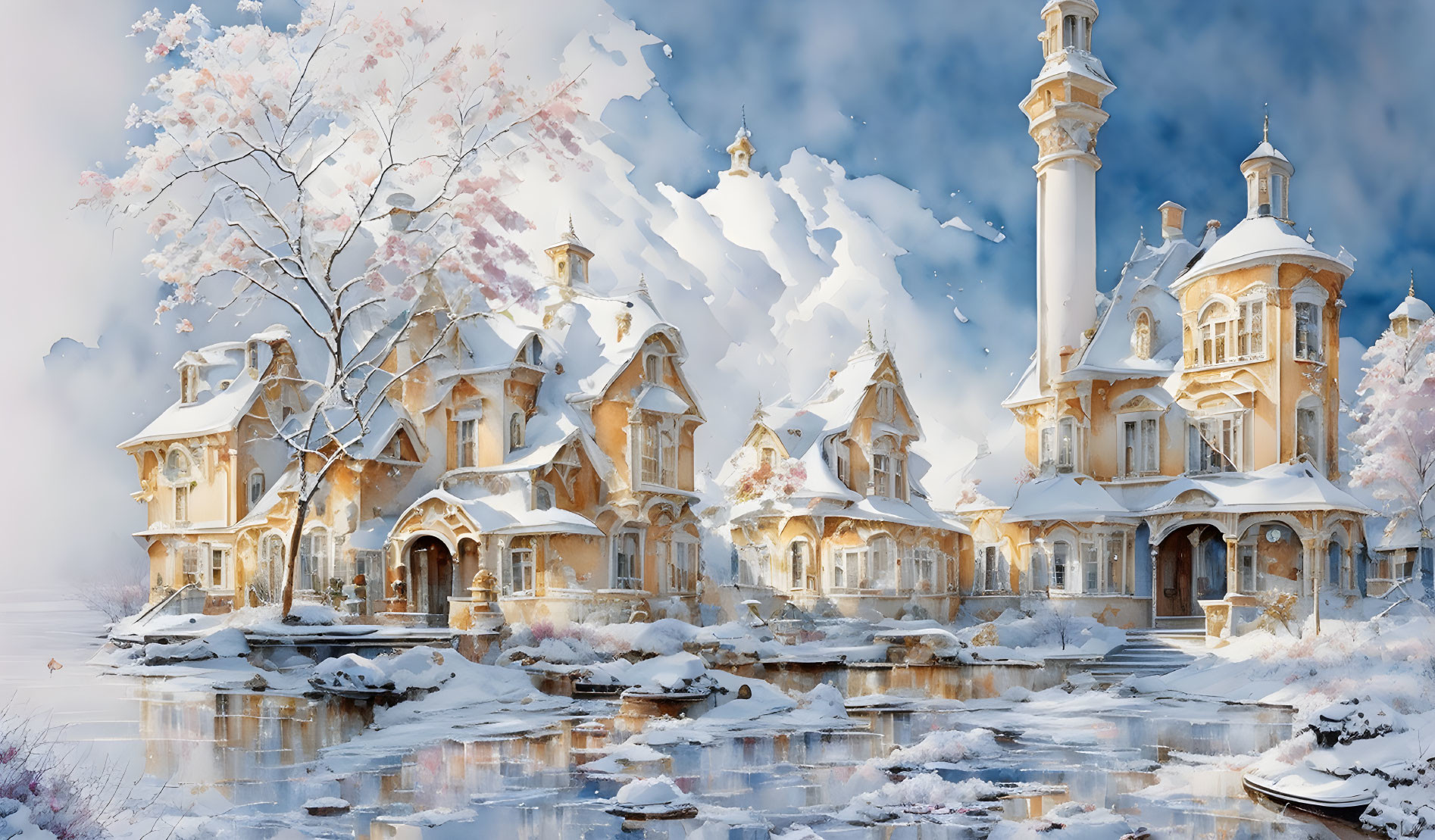 Snow-covered fairytale village with cherry blossoms and frozen river