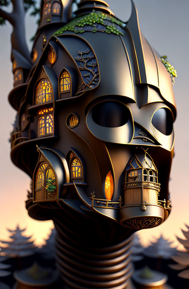 Skull-shaped treehouse with intricate windows in twilight forest