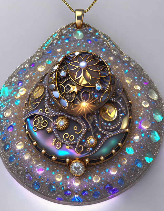 Detailed Celestial Pendant with Gold Accents & Sparkling Gemstones