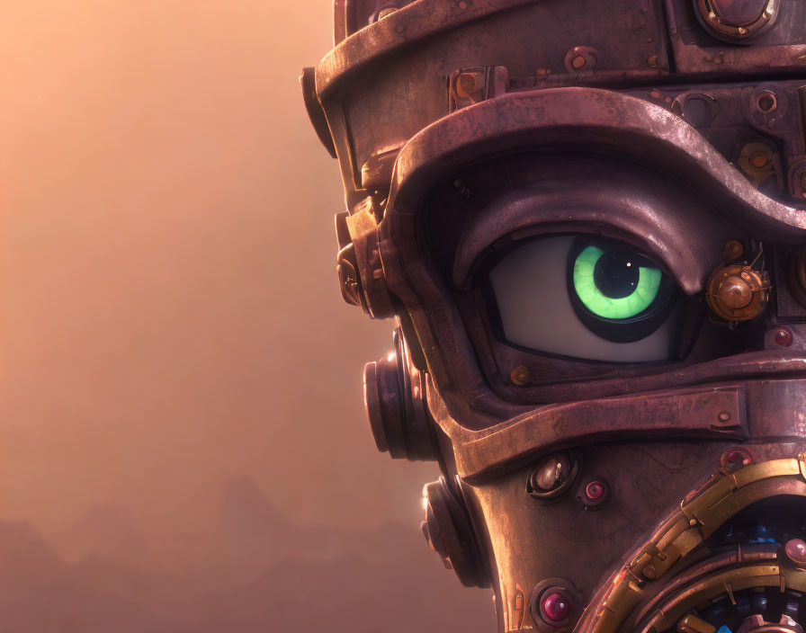 Robotic character with large eye on rusted metal face against warm background