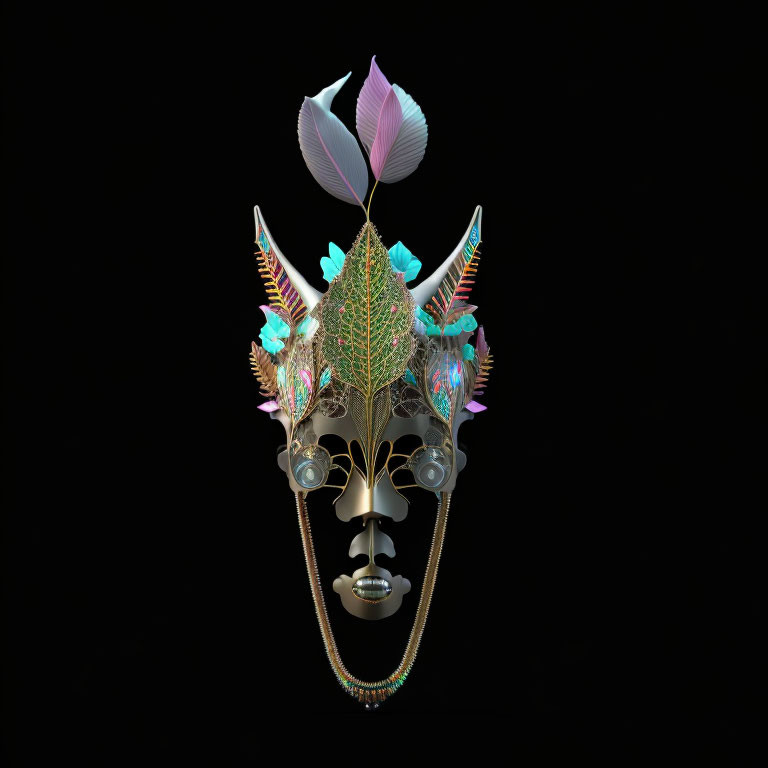 Surreal golden mask with colorful leaves and feathers on black background