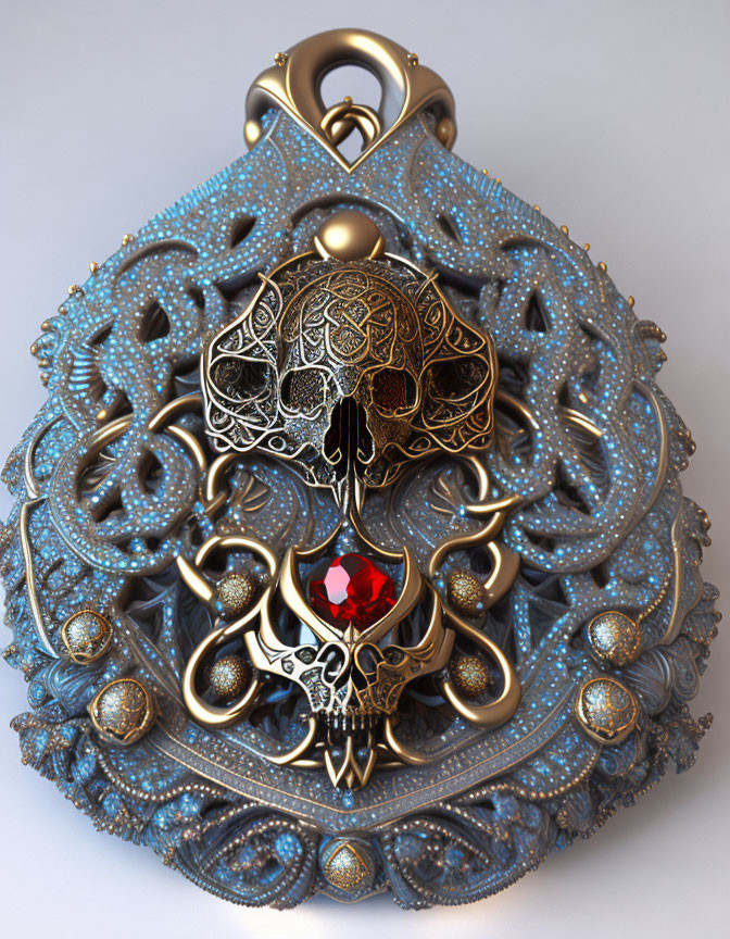 Gold and Blue Filigree Skull Pendant with Red Gemstone and Circular Patterns