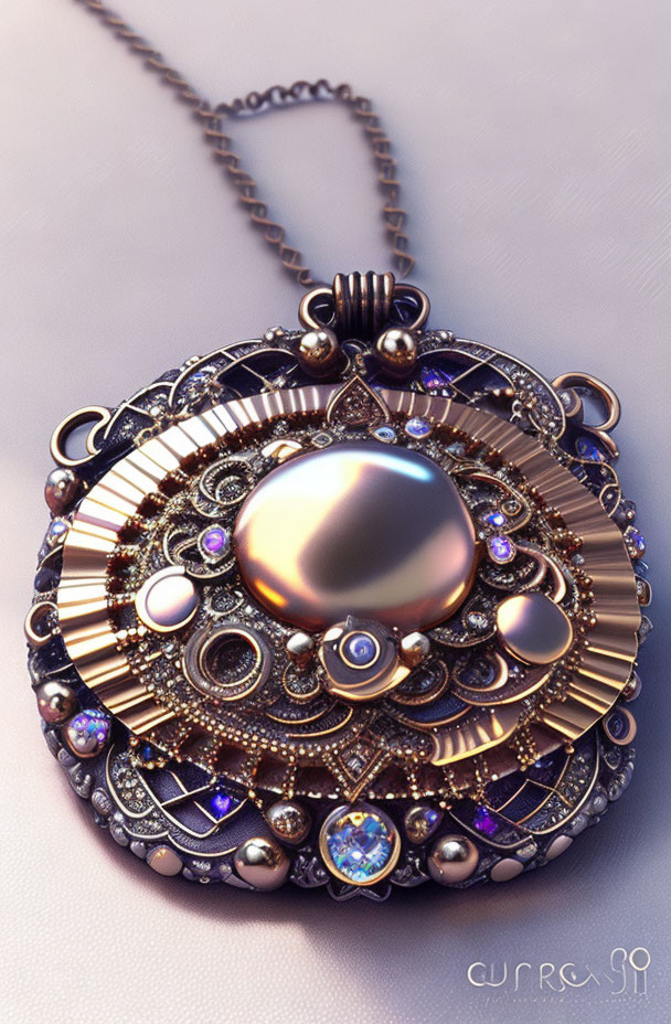 Intricate gold filigree pendant with pearl and gem accents