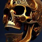 Golden skull with floral and mechanical patterns on dark background