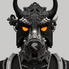 Detailed Illustration: Person in Ornate Black and Gold Mask with Horn-like Protrusions and Gl