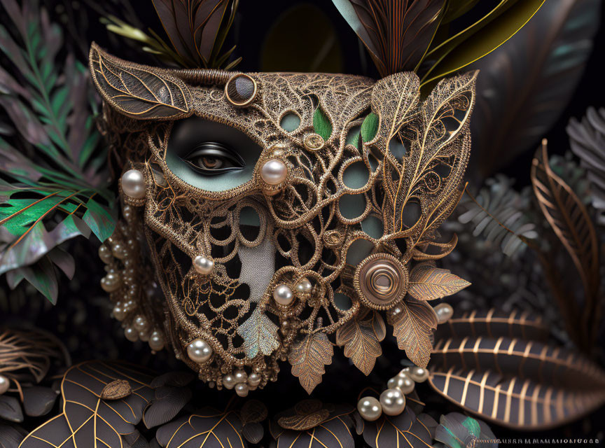 Golden mask with pearls and filigree on tropical leaf backdrop.