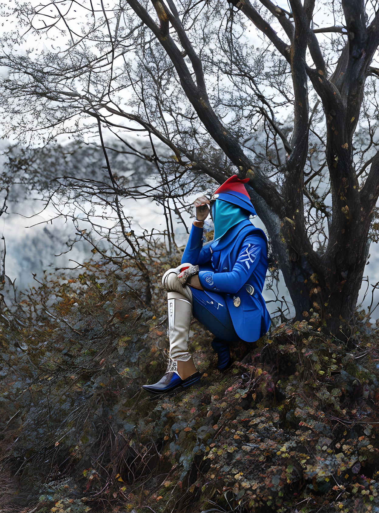 Person in Blue Suit and Red Beanie Drinking on Tree Branch in Misty Wooded Landscape