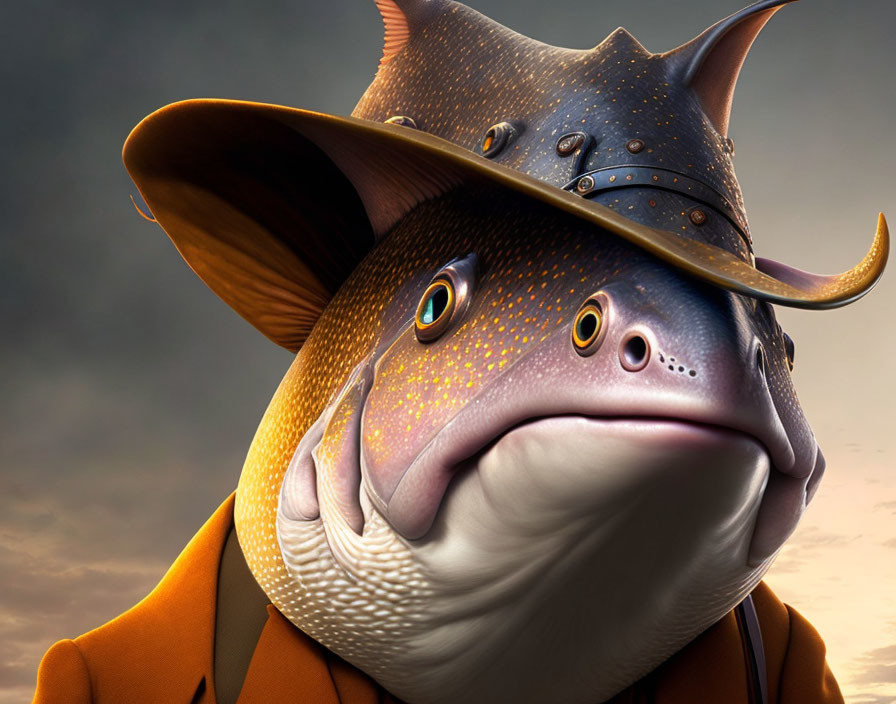 Colorful 3D humanoid fish in cowboy hat and jacket on cloudy background