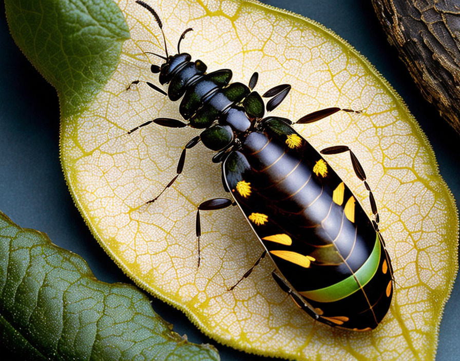 Stylized insect illustration with black and yellow exoskeleton on green leaf