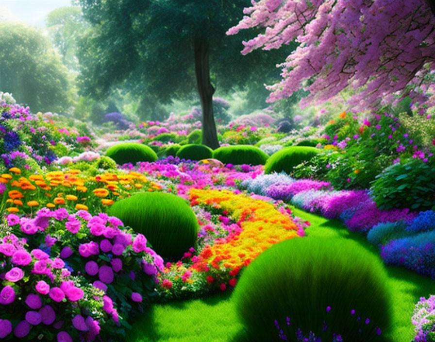 Lush Green Trees, Neatly Trimmed Shrubs, Blooming Flowers in Vibrant Garden