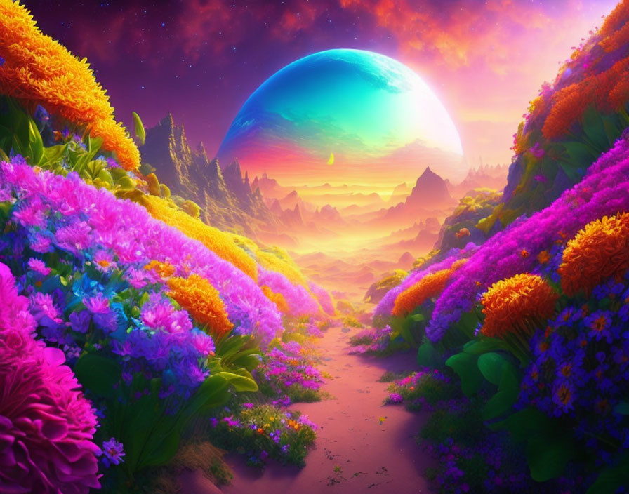 Colorful landscape with vibrant flowers, sunset, and oversized planet