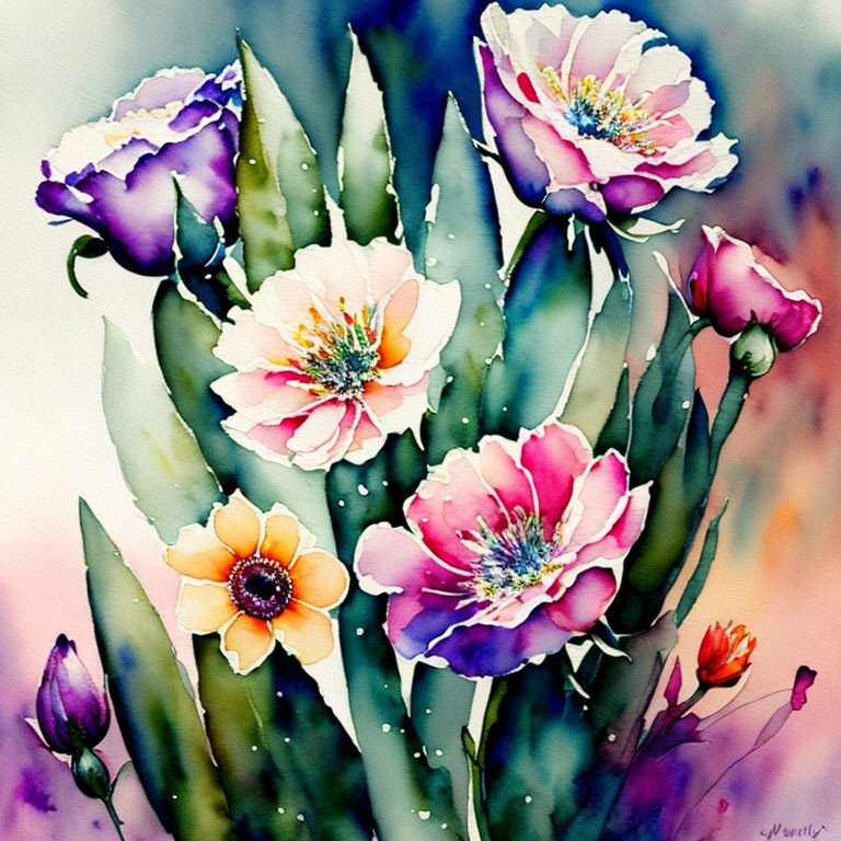 Colorful watercolor painting of stylized floral bouquet in pink, purple, and yellow.