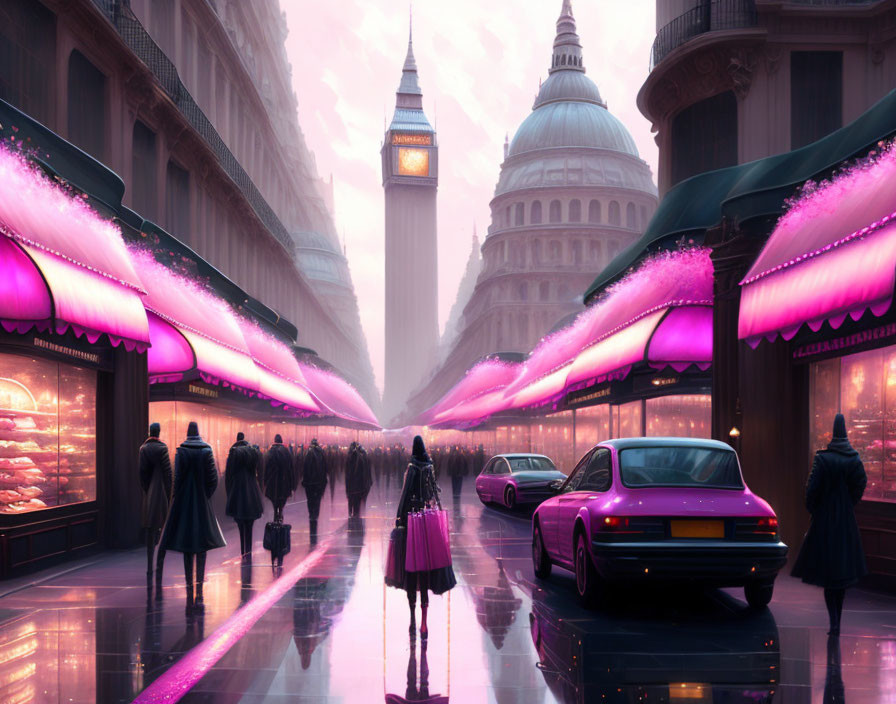 Futuristic city street at dusk with pedestrians, neon lights, iconic buildings, reflective surfaces, and