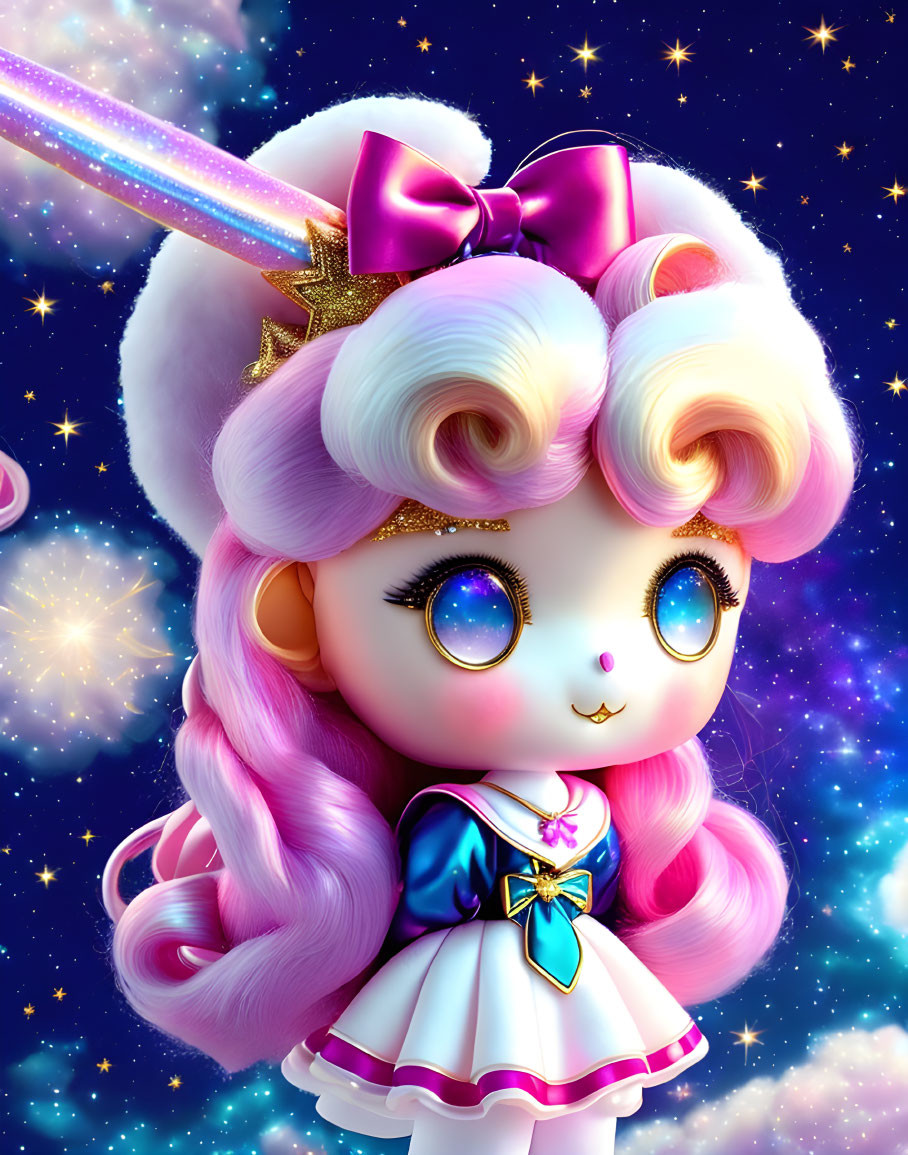 Stylized girl illustration with galaxy eyes and colorful attire