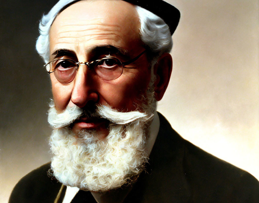 Elderly man with white beard, round spectacles, black cap, and coat