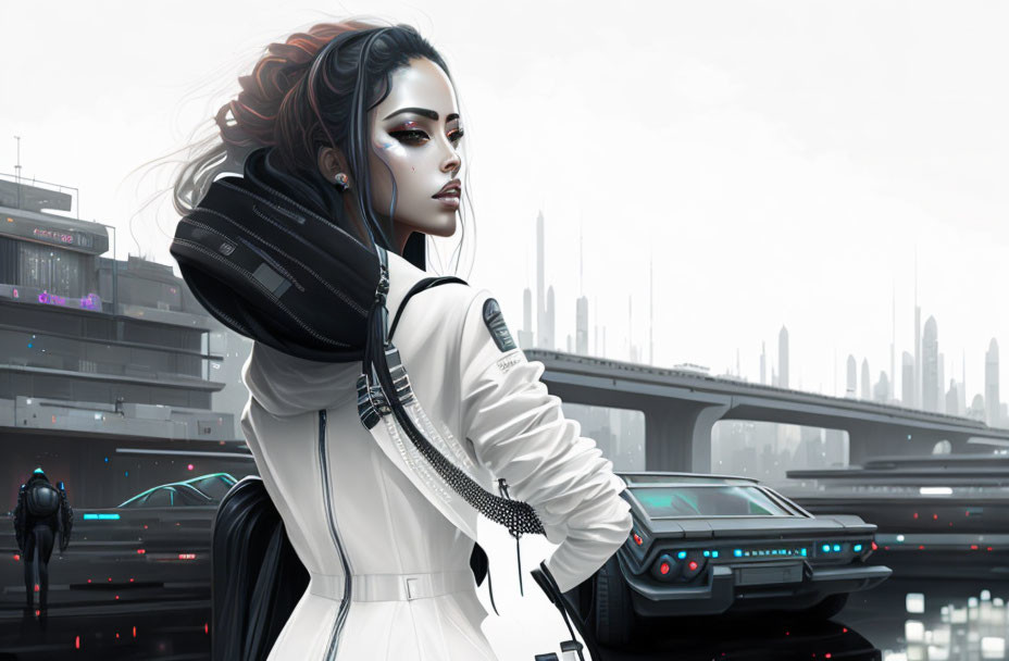 Futuristic woman with creative makeup in cyberpunk attire overlooking cityscape