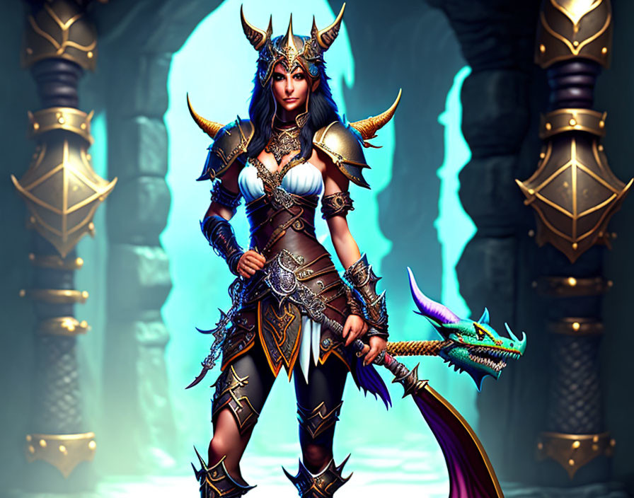 Female Warrior in Ornate Fantasy Armor with Dragon-themed Staff and Blue-lit Pillars