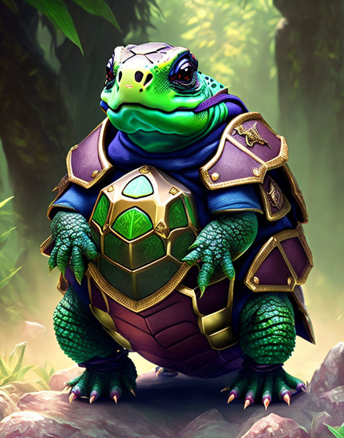 Green-skinned turtle in stylized armor in misty forest