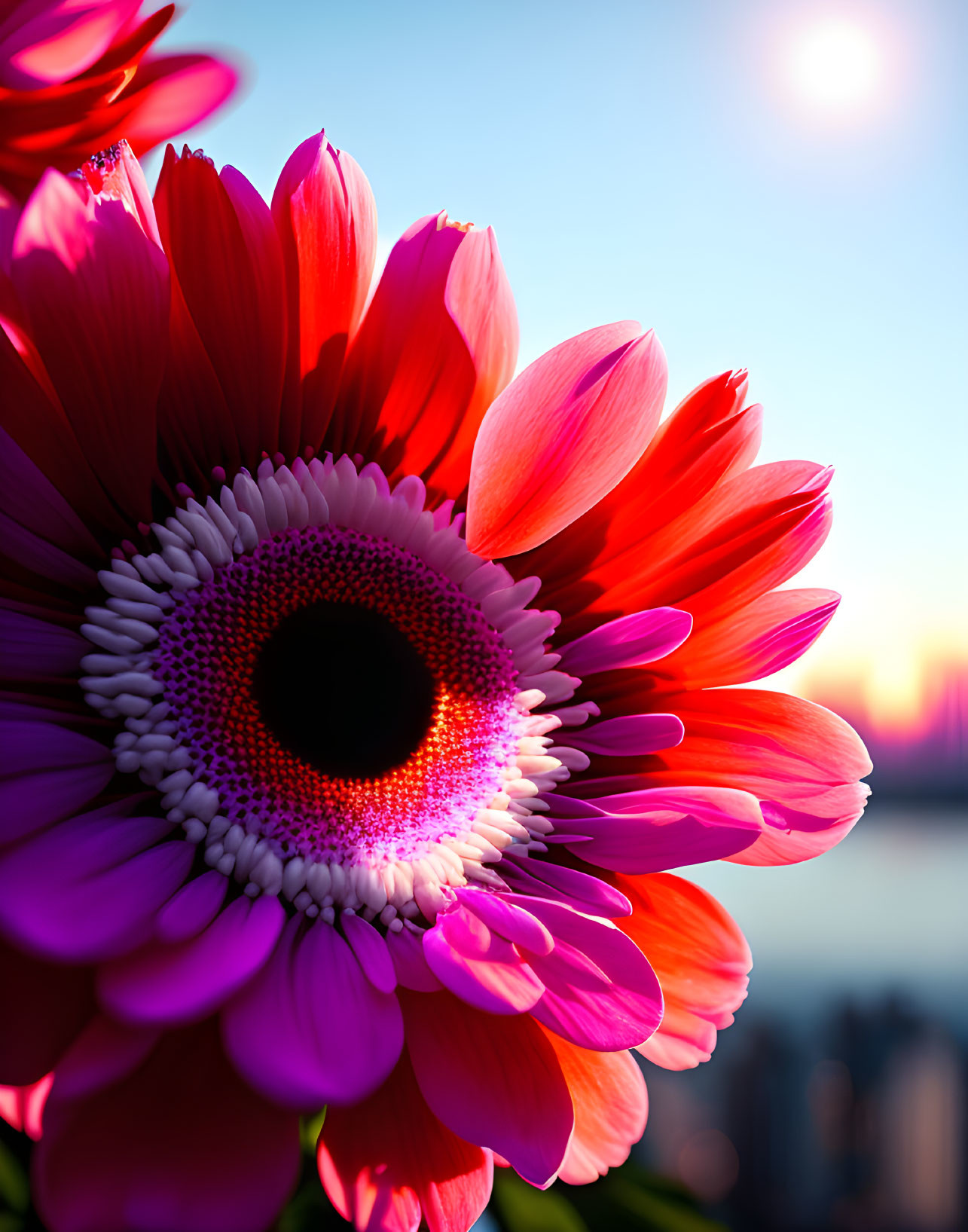 Close-up of vibrant red gerbera flower against pink gradient, with soft-focus sunset cityscape.
