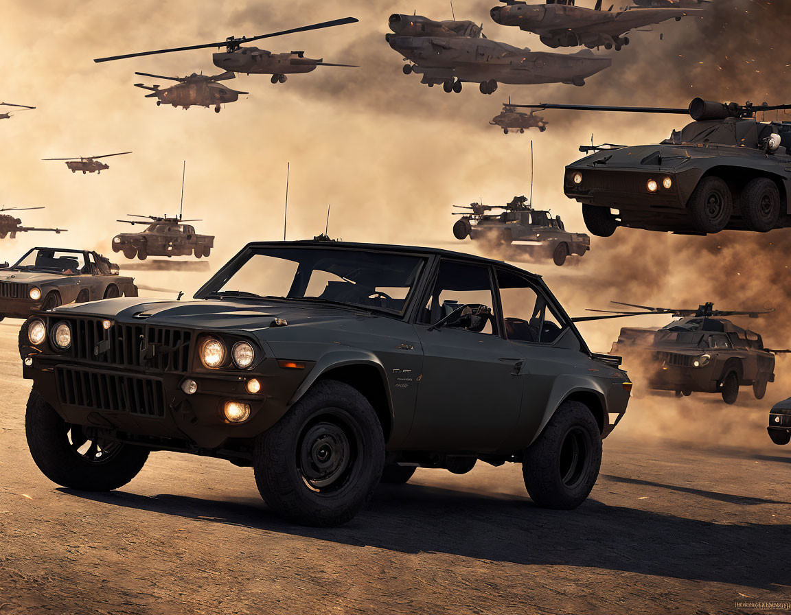 Vintage car leads convoy with military vehicles and helicopters in dusty setting.