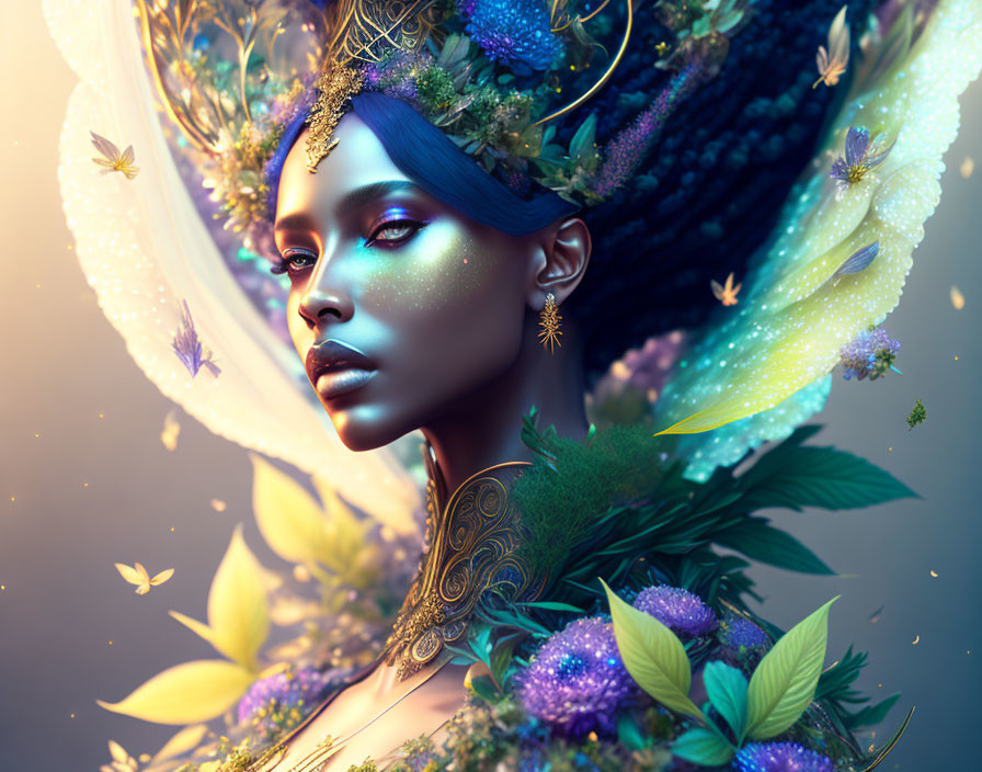 Fantastical digital portrait of a woman with blue skin and golden jewelry among nature