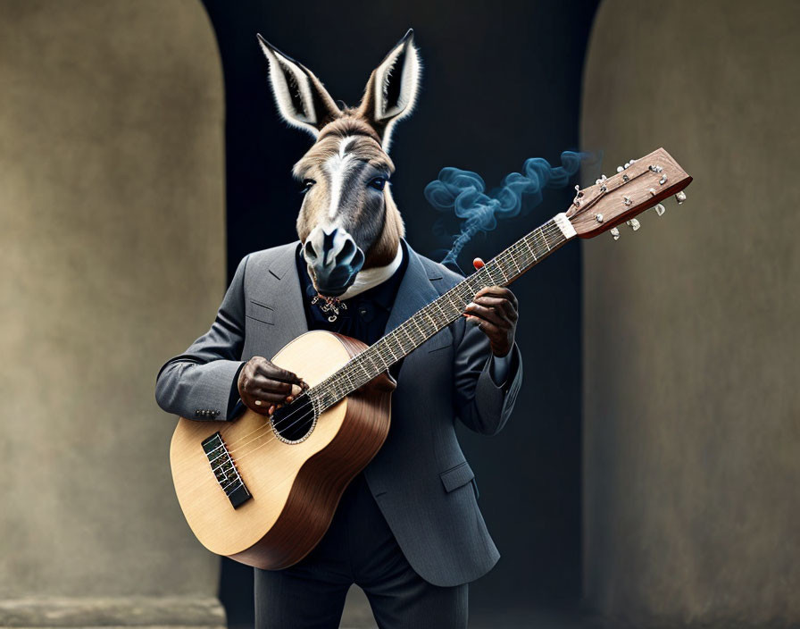 Donkey-headed person in suit playing guitar with smoking headstock
