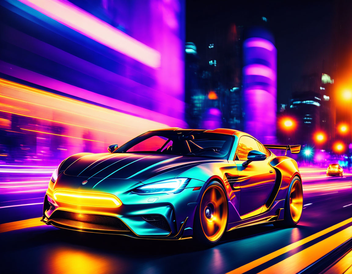 Neon-lit city night scene with speeding sports car