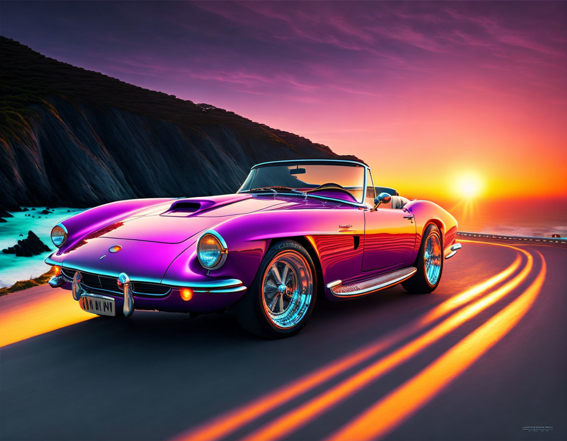 Purple Classic Convertible Car on Coastal Road at Sunset with Vibrant Sky and Sea