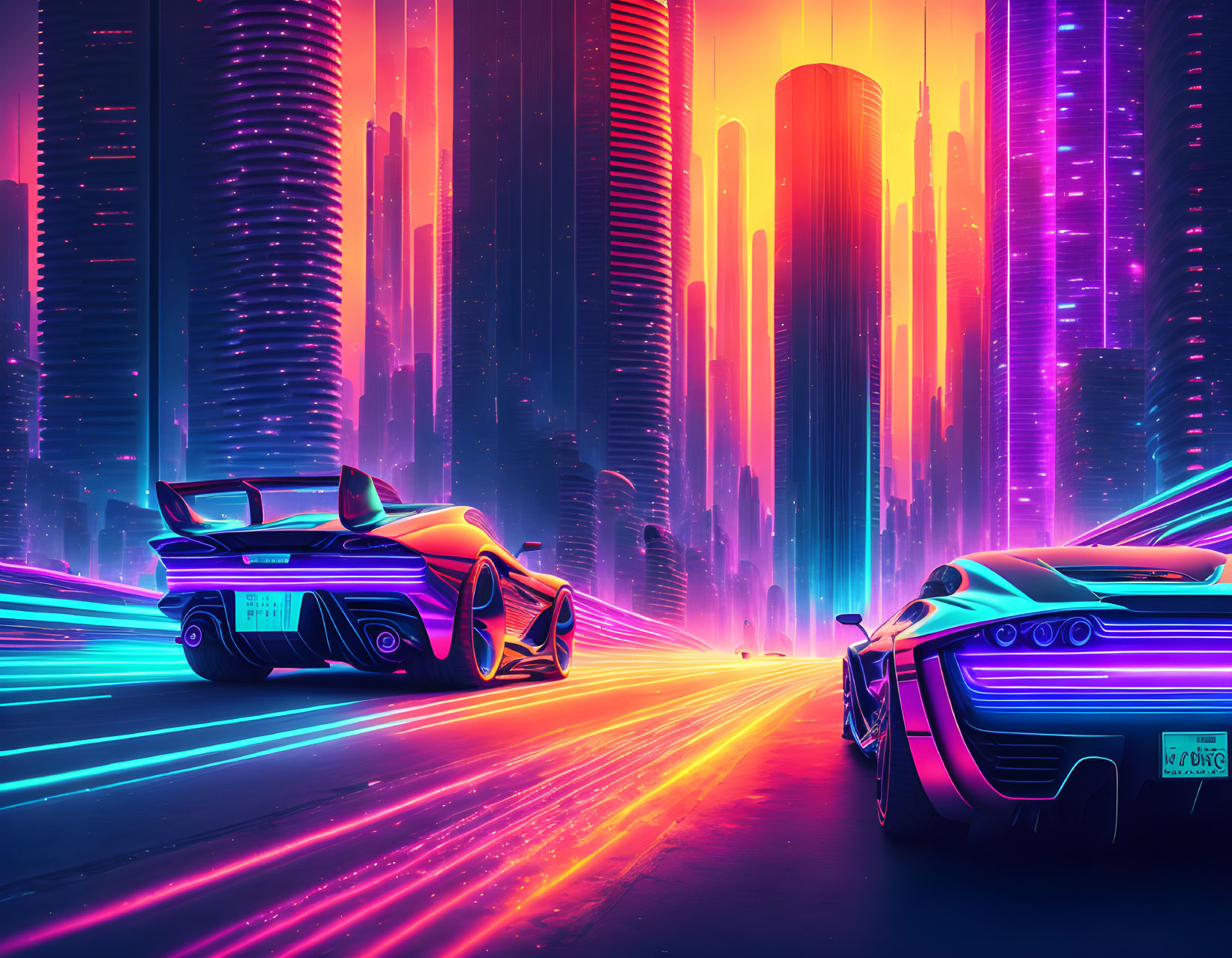 Futuristic neon-lit cityscape with sleek cars in cyberpunk setting