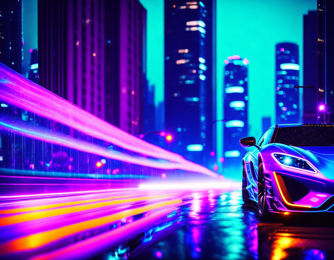 Neon-lit cityscape at night with sports car and colorful light streaks