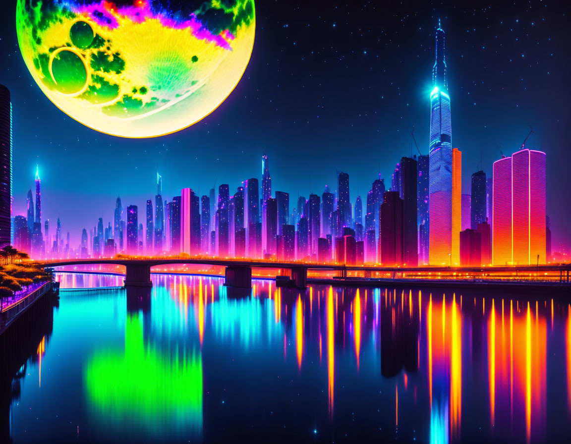 Futuristic neon-lit cityscape with skyscrapers and colorful planet at night