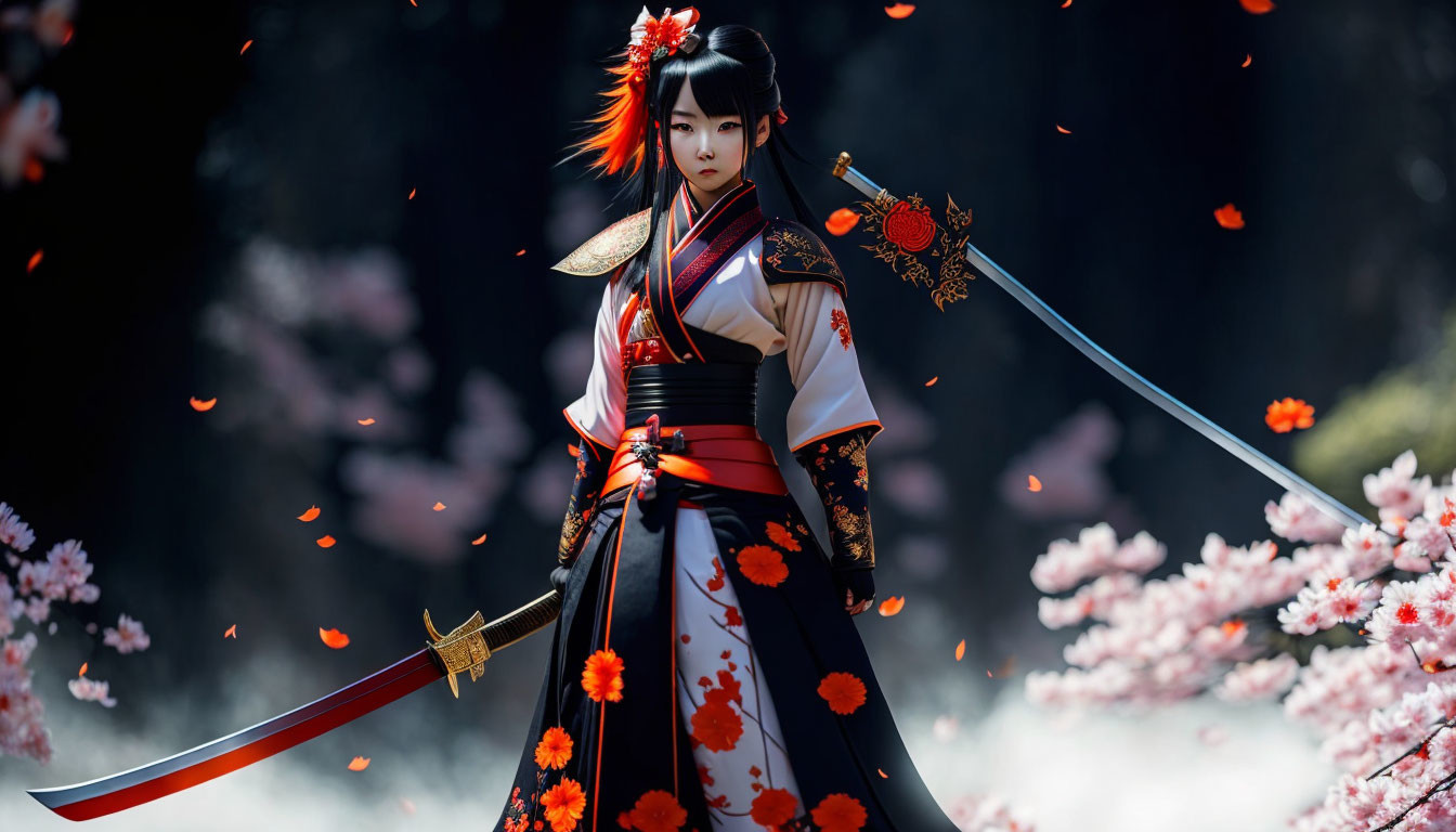 Traditional Japanese attire figure with katana in cherry blossom scene