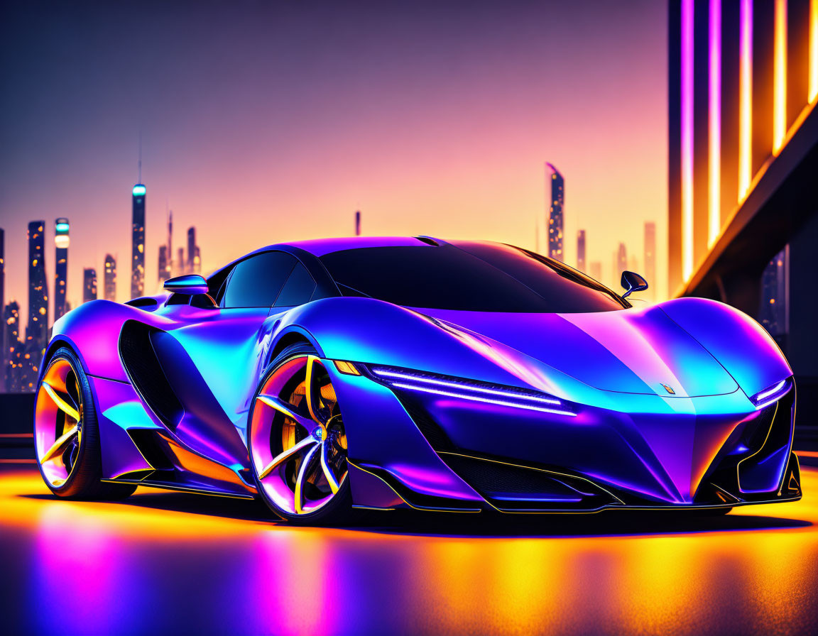 Sleek sports car with blue and purple paint against neon-lit cityscape