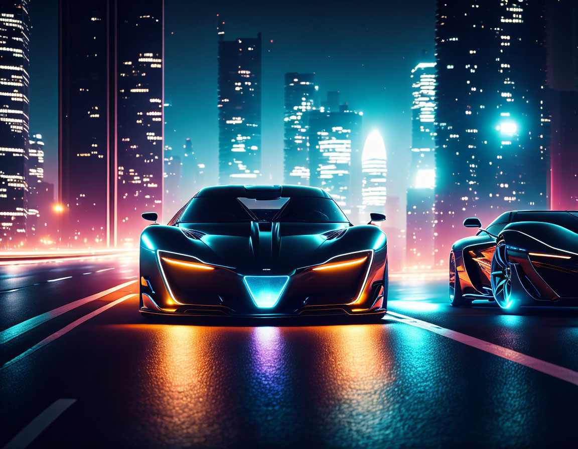 Neon-lit city street: Futuristic sports cars racing at night