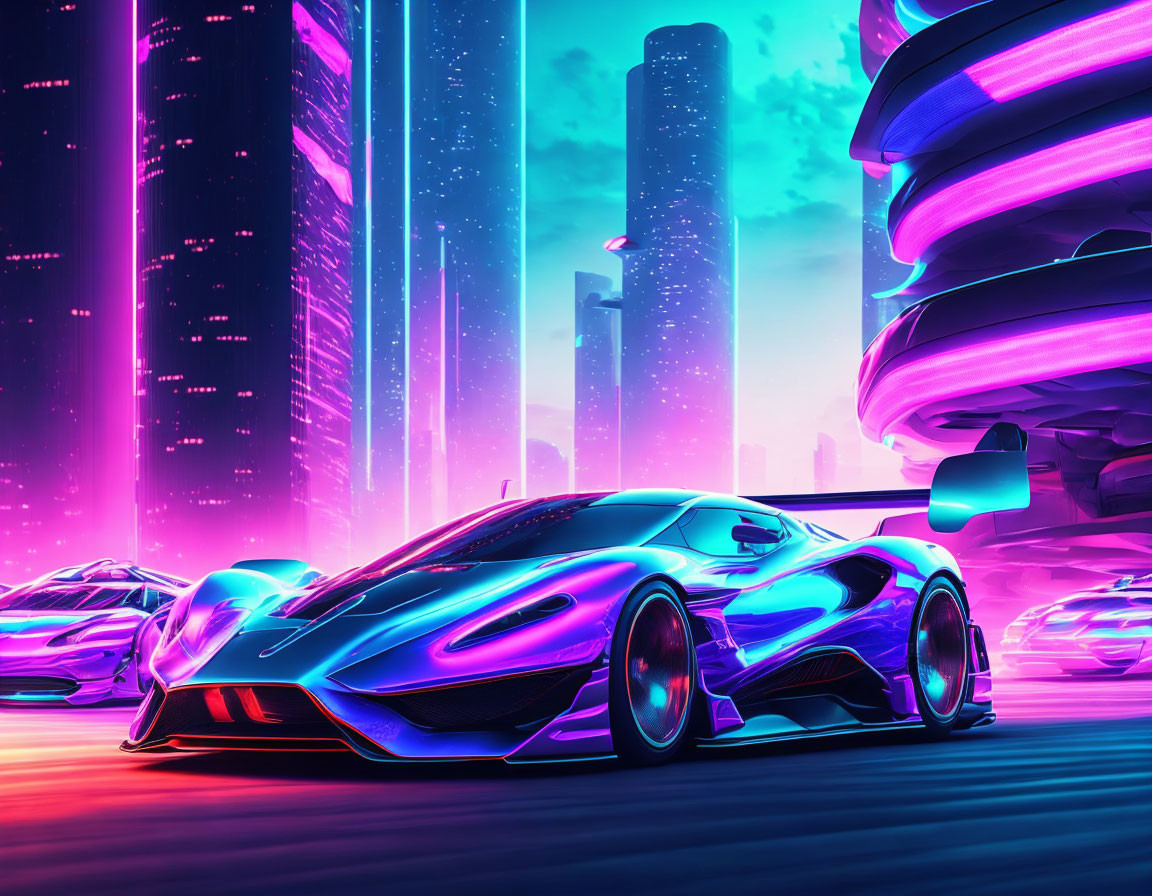 Futuristic cityscape digital art with neon skyscrapers and holographic cars