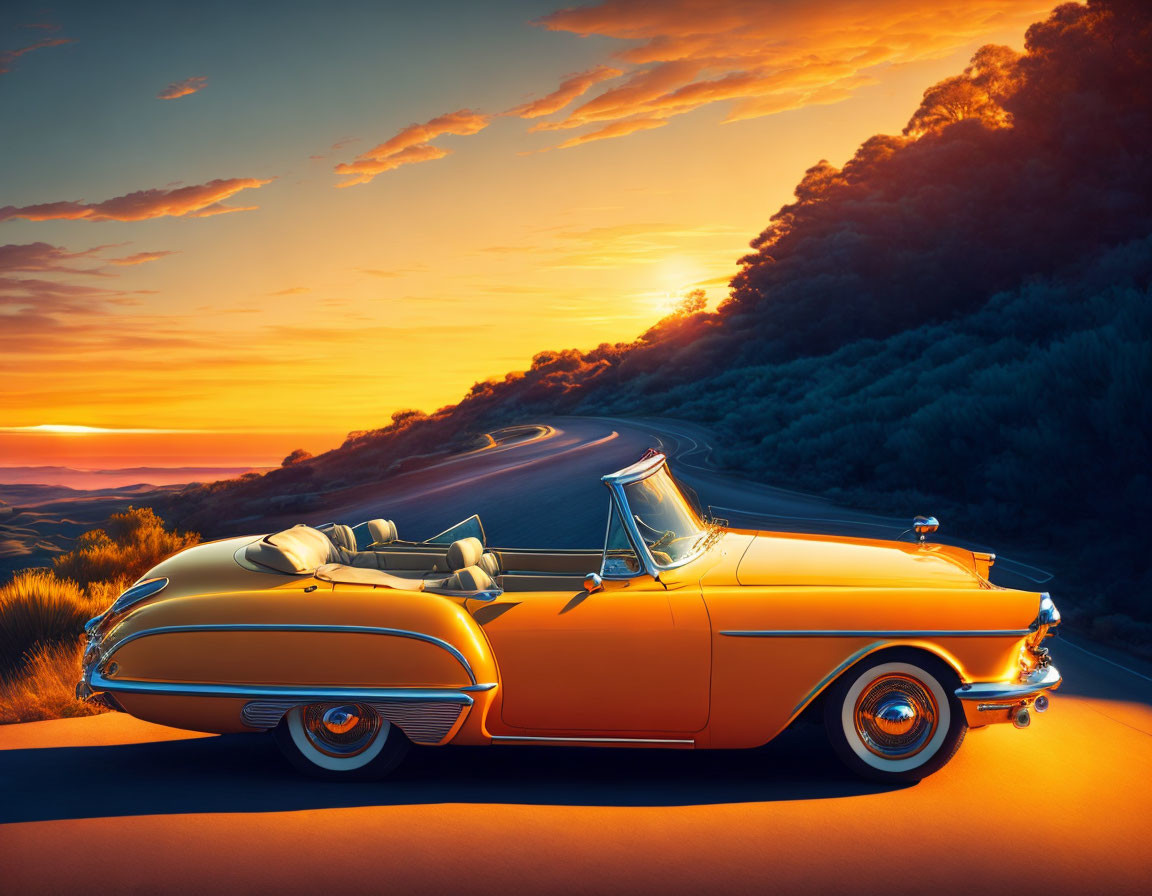 Vintage Convertible Car at Sunset on Winding Hill Road