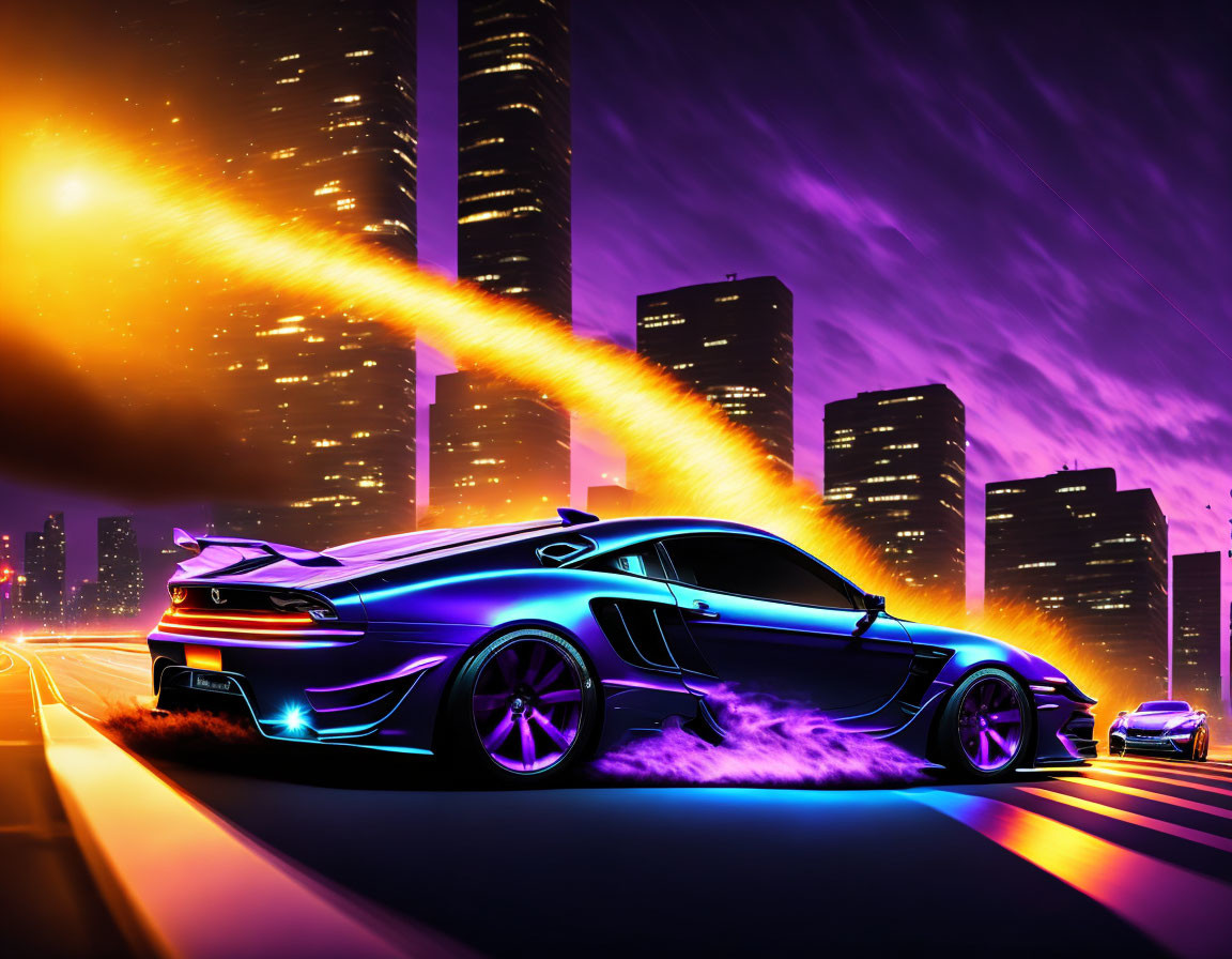 Futuristic car artwork with neon glow racing in cityscape