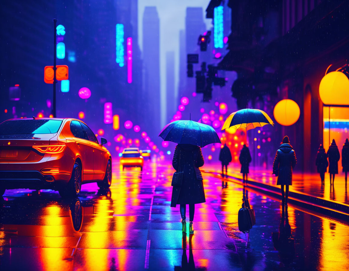 Busy city street in the rain with umbrellas and neon lights.