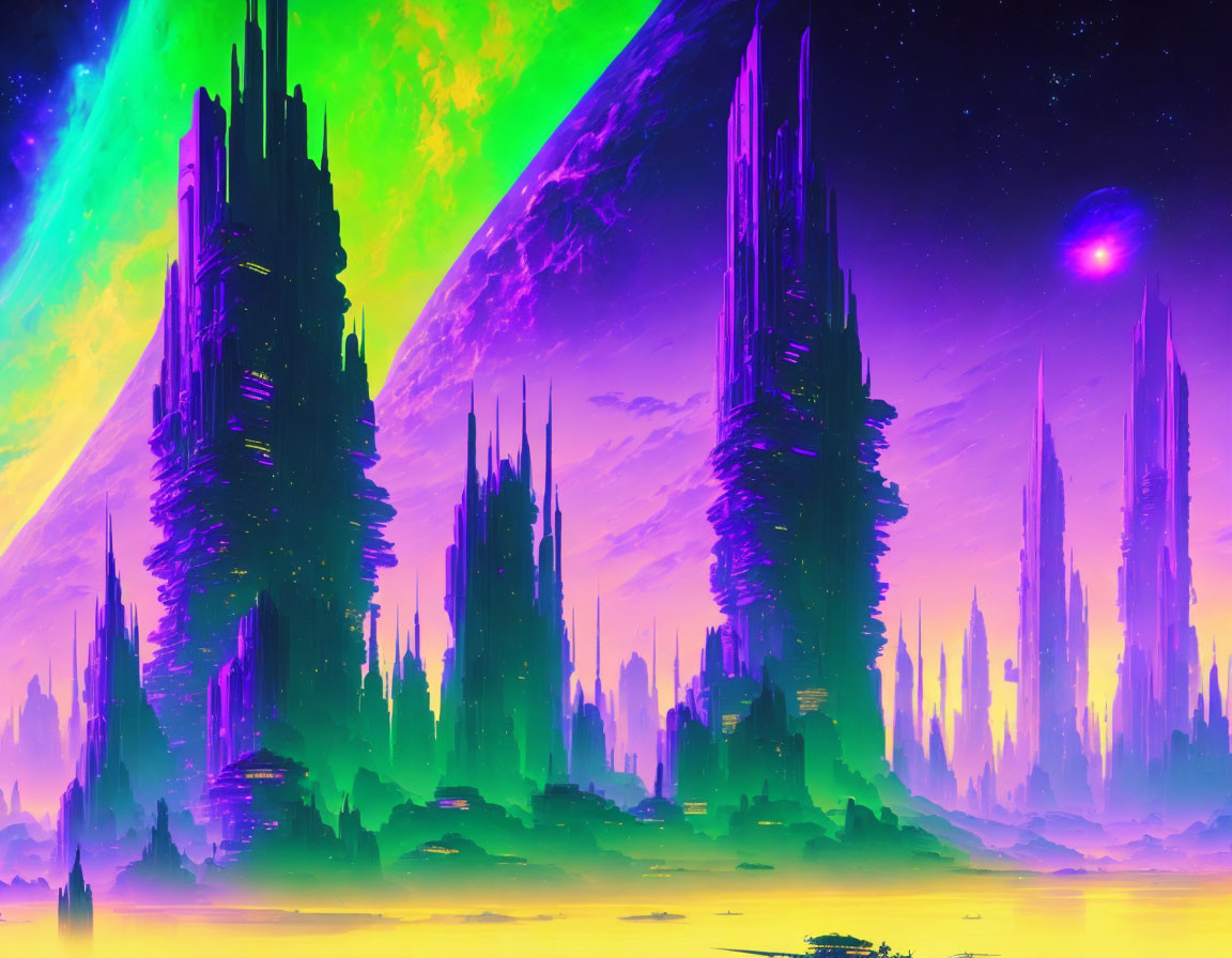 Colorful Alien Landscape with Towering Spires and Aurora Lights