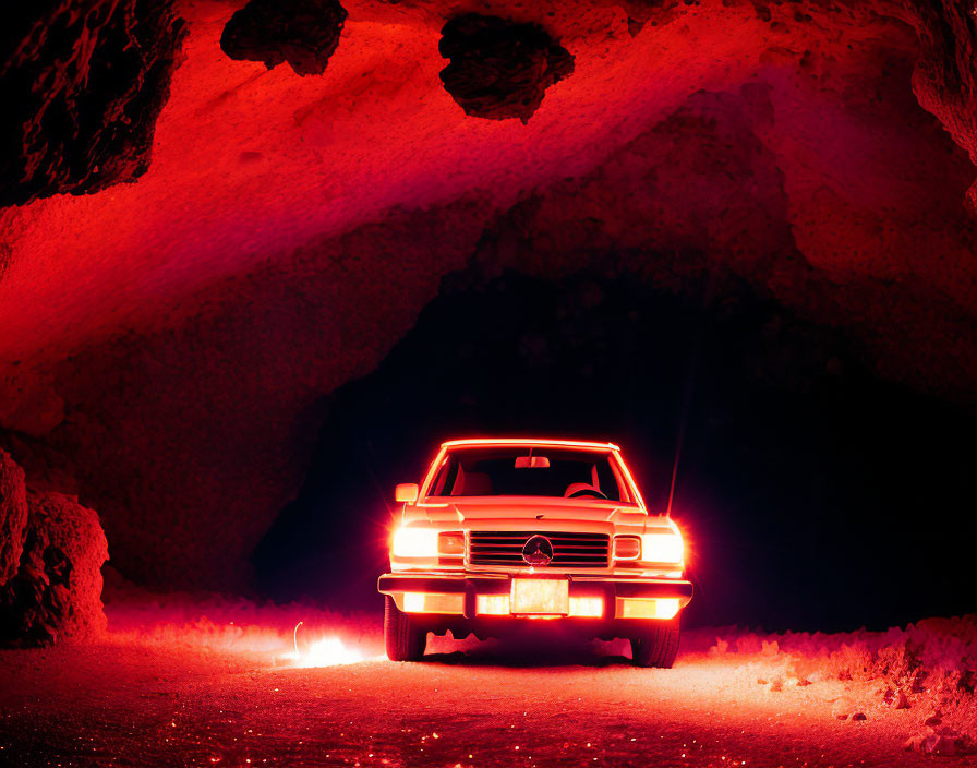 Vintage car in dark cave with red illuminated headlights and underglow
