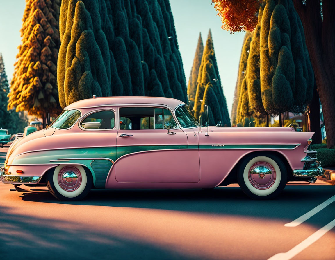Vintage Pink and White Car Parked Among Tall Trees at Golden Hour