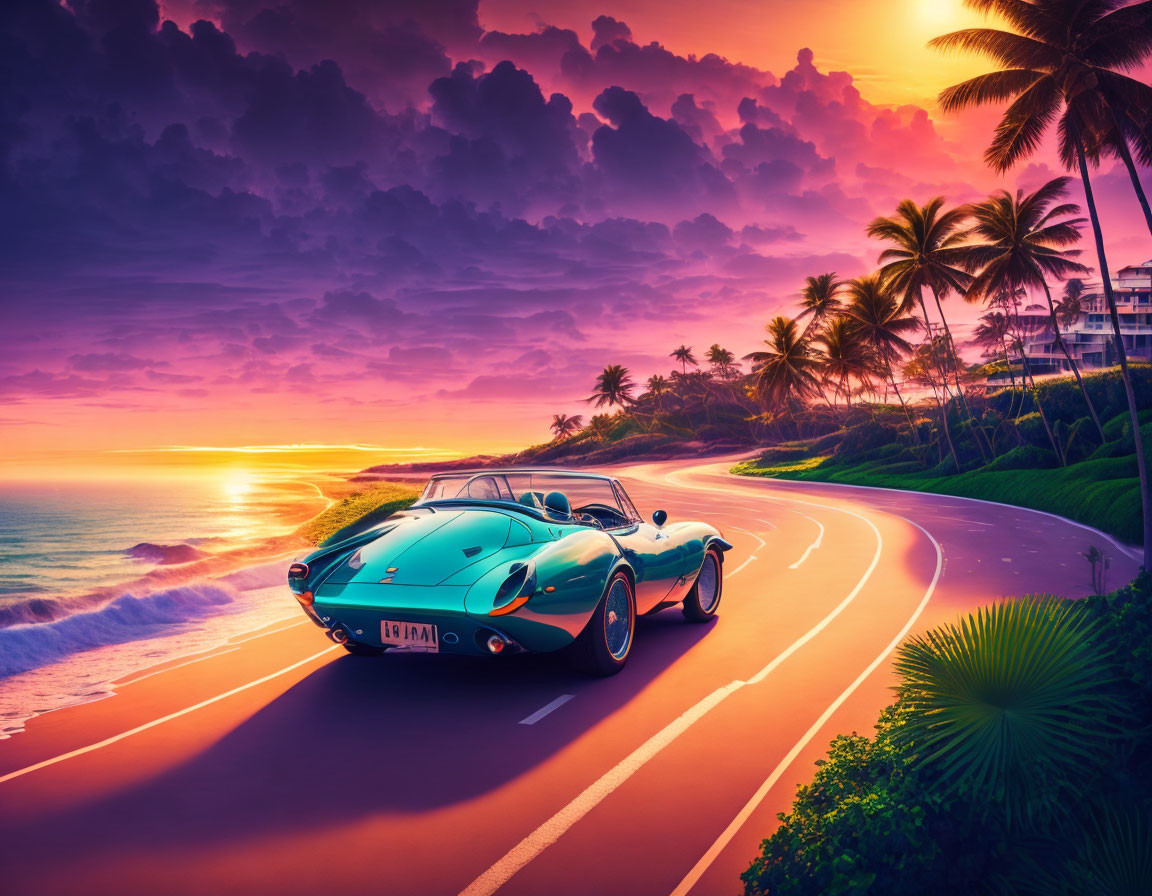 Vintage car cruising coastal road at sunset with palm trees and serene ocean view