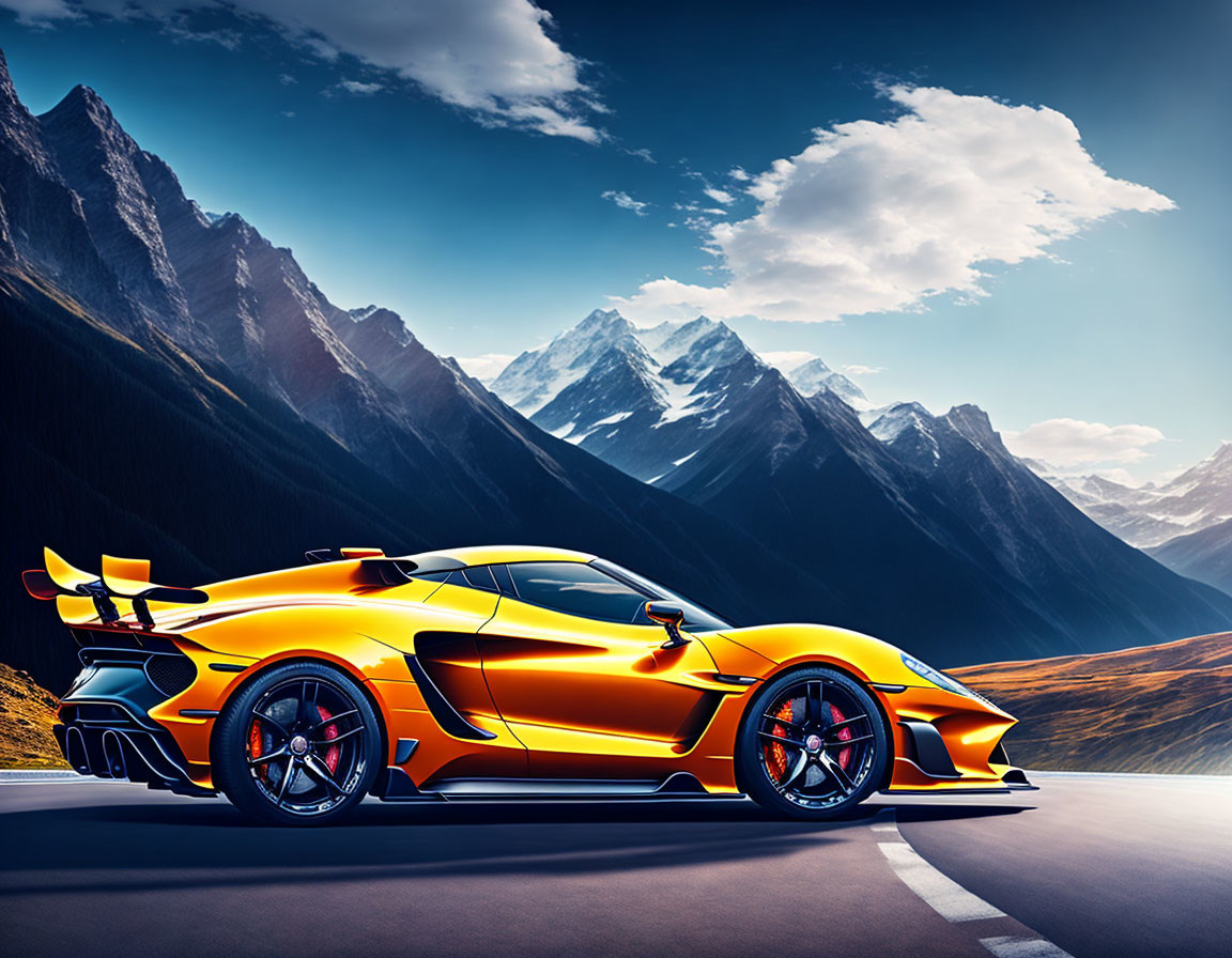 Bright Yellow Sports Car with Rear Wing on Mountain Road amid Towering Peaks