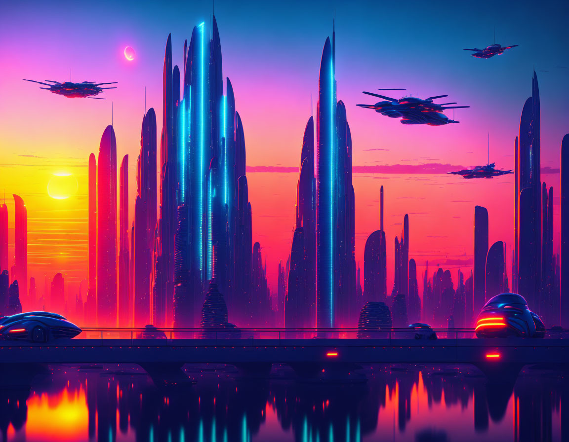 Futuristic cityscape with skyscrapers and flying vehicles at sunset