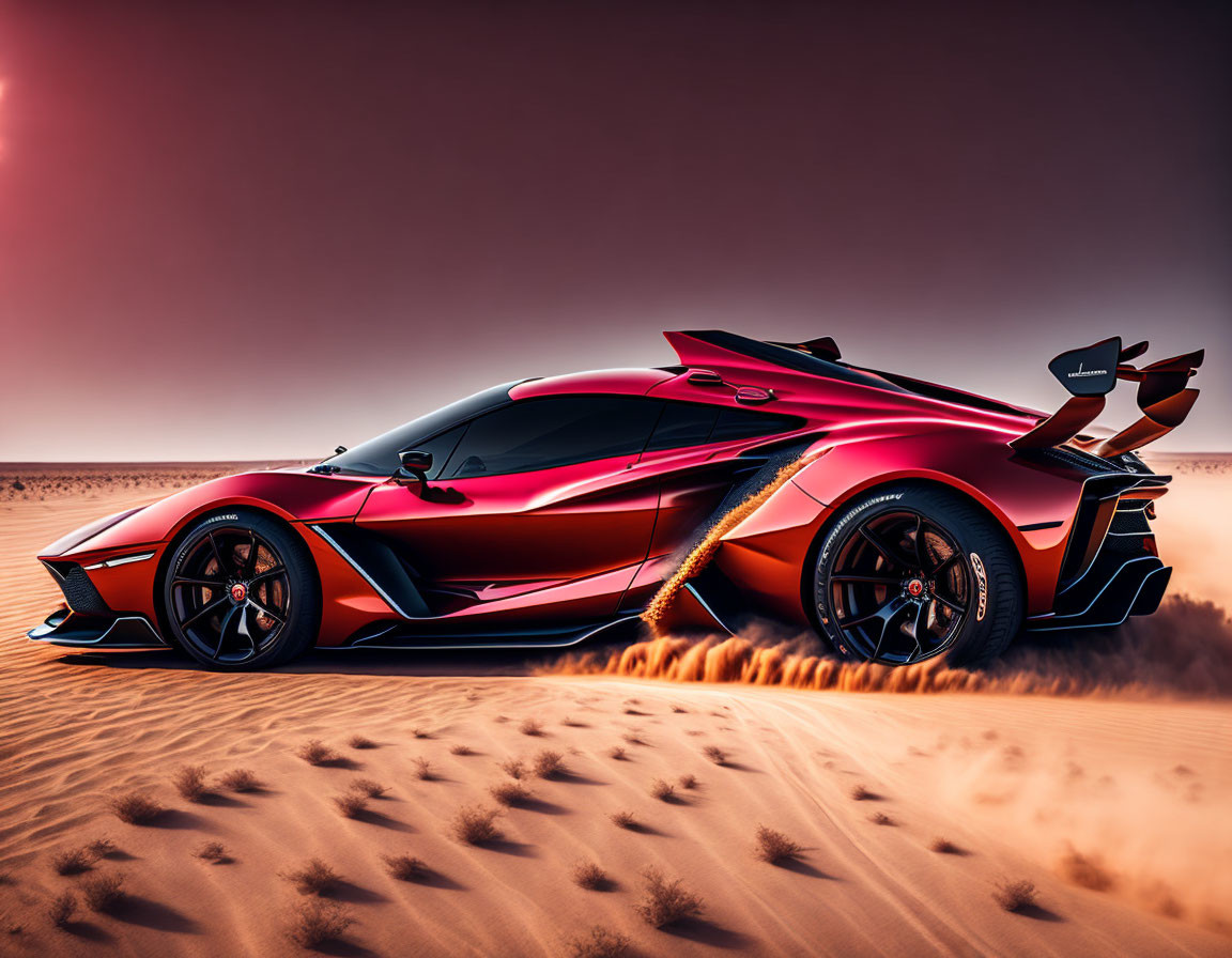 Red sports car with black accents speeding in desert dusk
