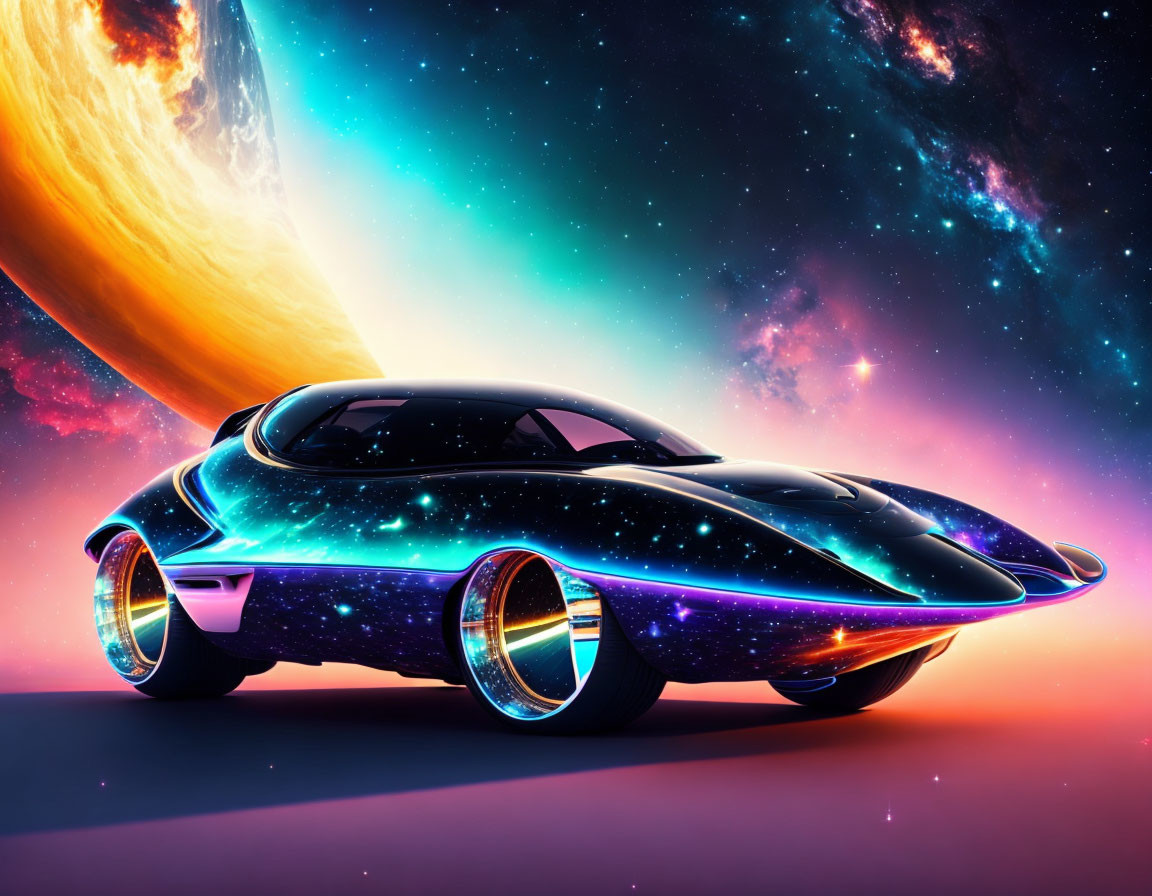Futuristic Car with Galaxy Paint Job on Cosmic Background