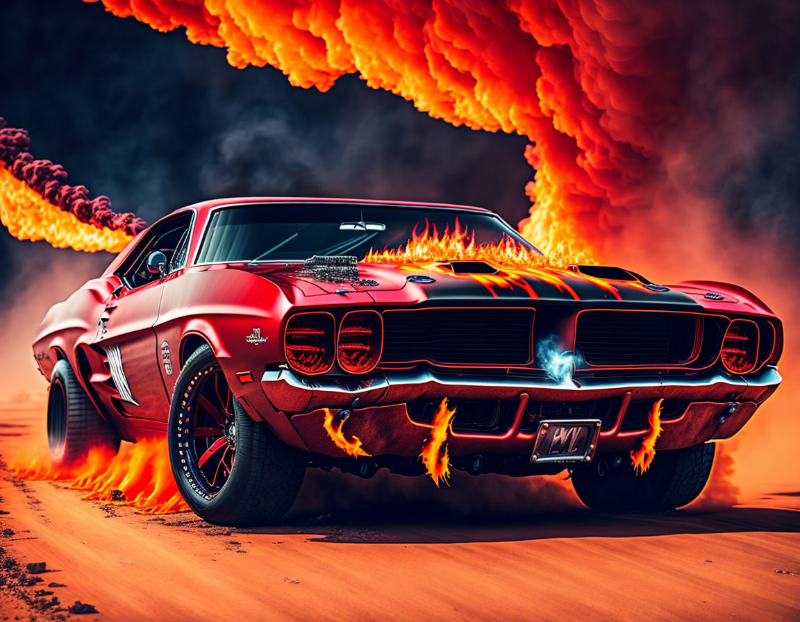 Red Classic Muscle Car with Fiery Flames on Orange Background
