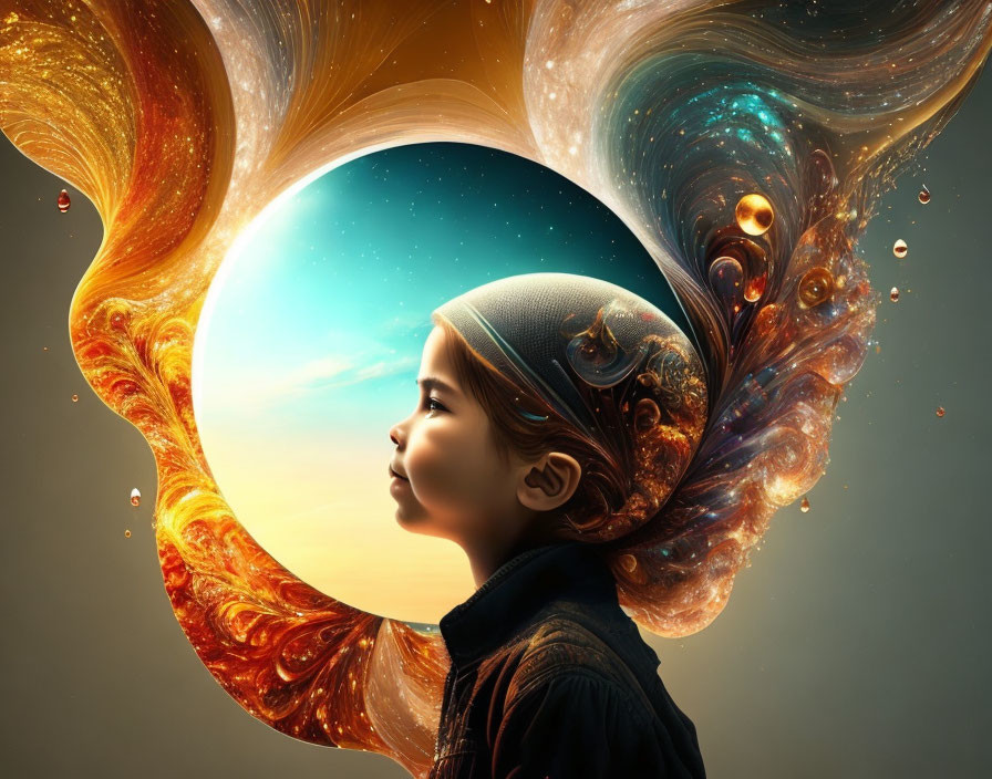 Child's profile against cosmic backdrop with swirling patterns and celestial bodies symbolizing imagination or dreams.