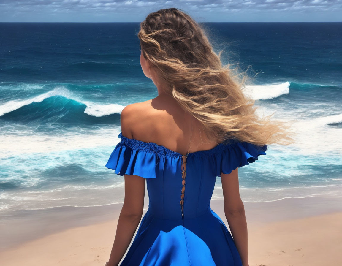 Blonde woman in blue dress by ocean with cresting waves