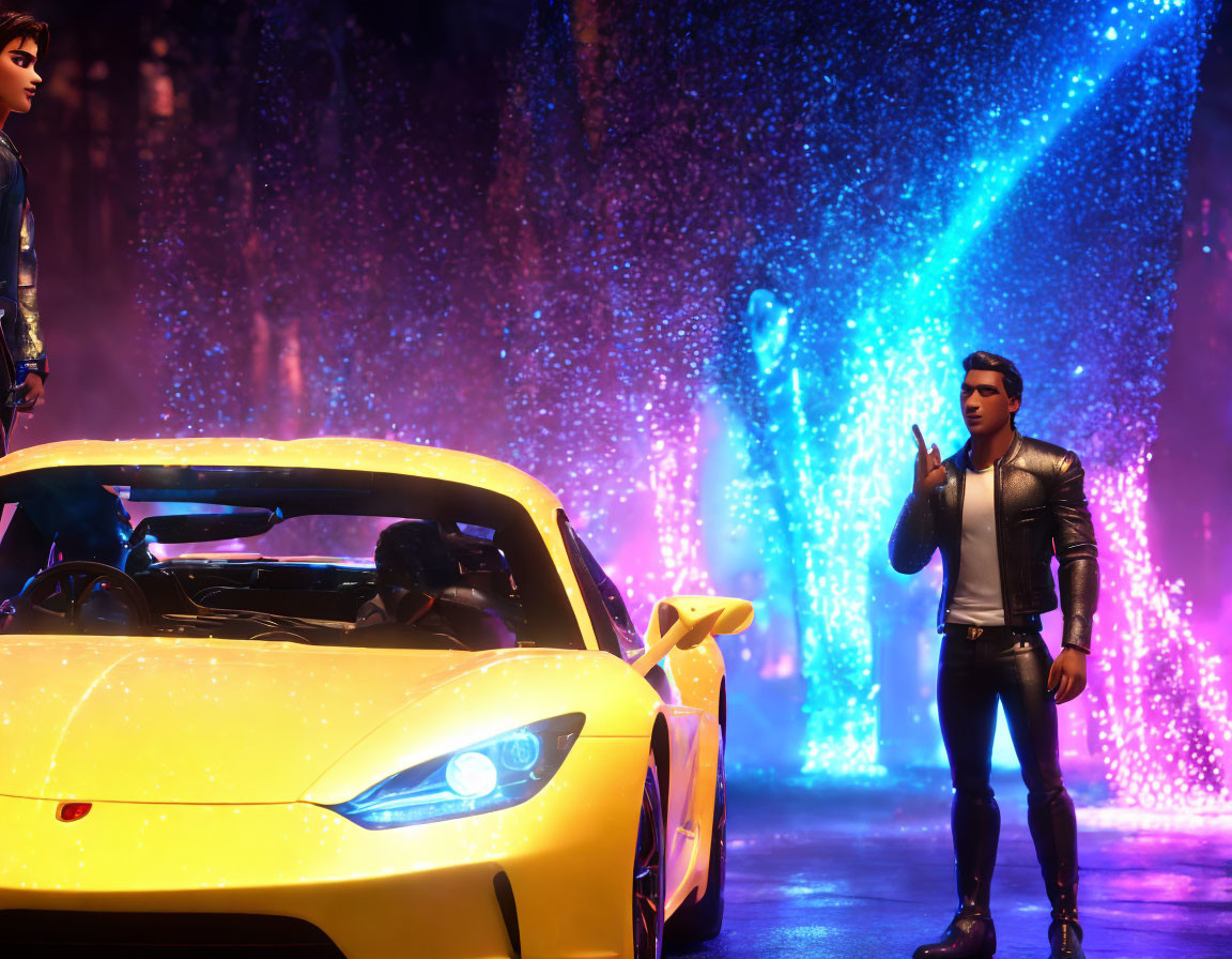 Yellow sports car with neon lights in night scene featuring two animated characters